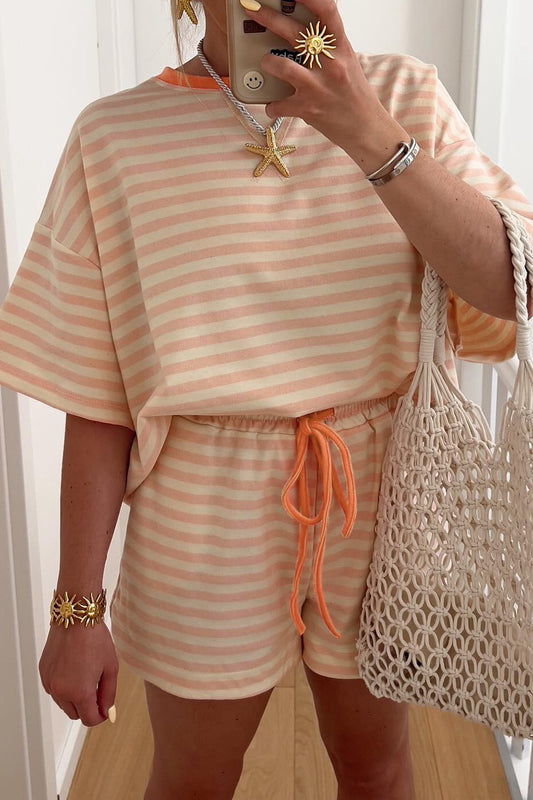 Pink Stripe Contrast Short Set