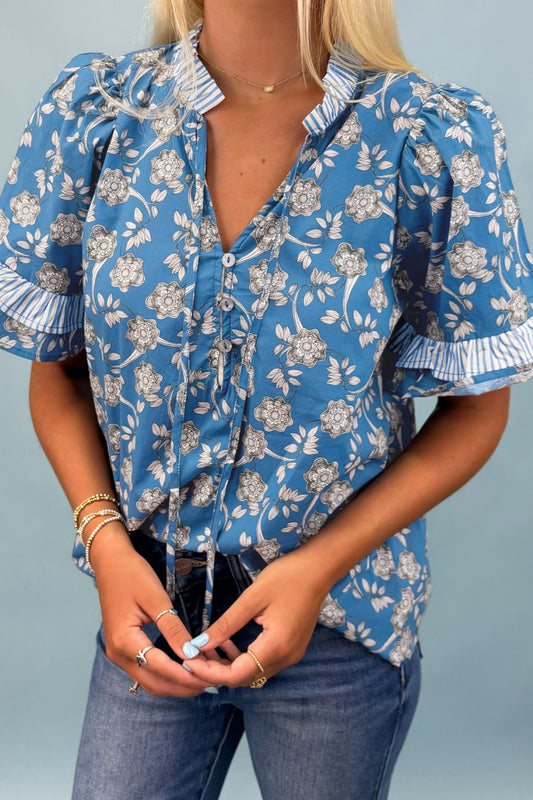 Blue Floral Print Button Tie Blouse
