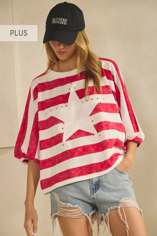Plus Striped Oversized Star Red and White Top