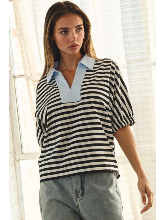 Black And White Striped with Blue Contrast Top