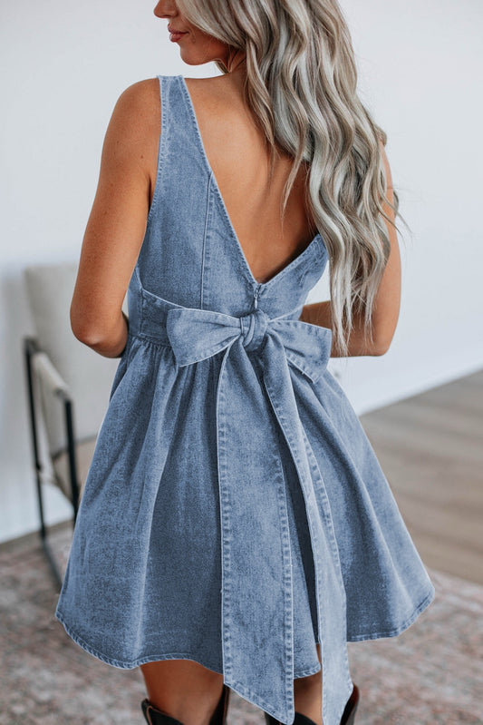 Myosotis Square Neck Bowknot Denim Dress