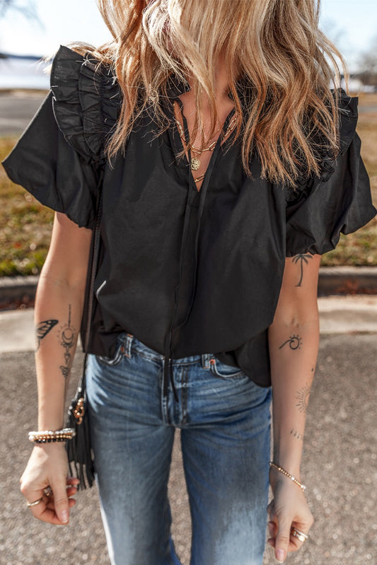Black Ruffled Puff Short Sleeve Blouse