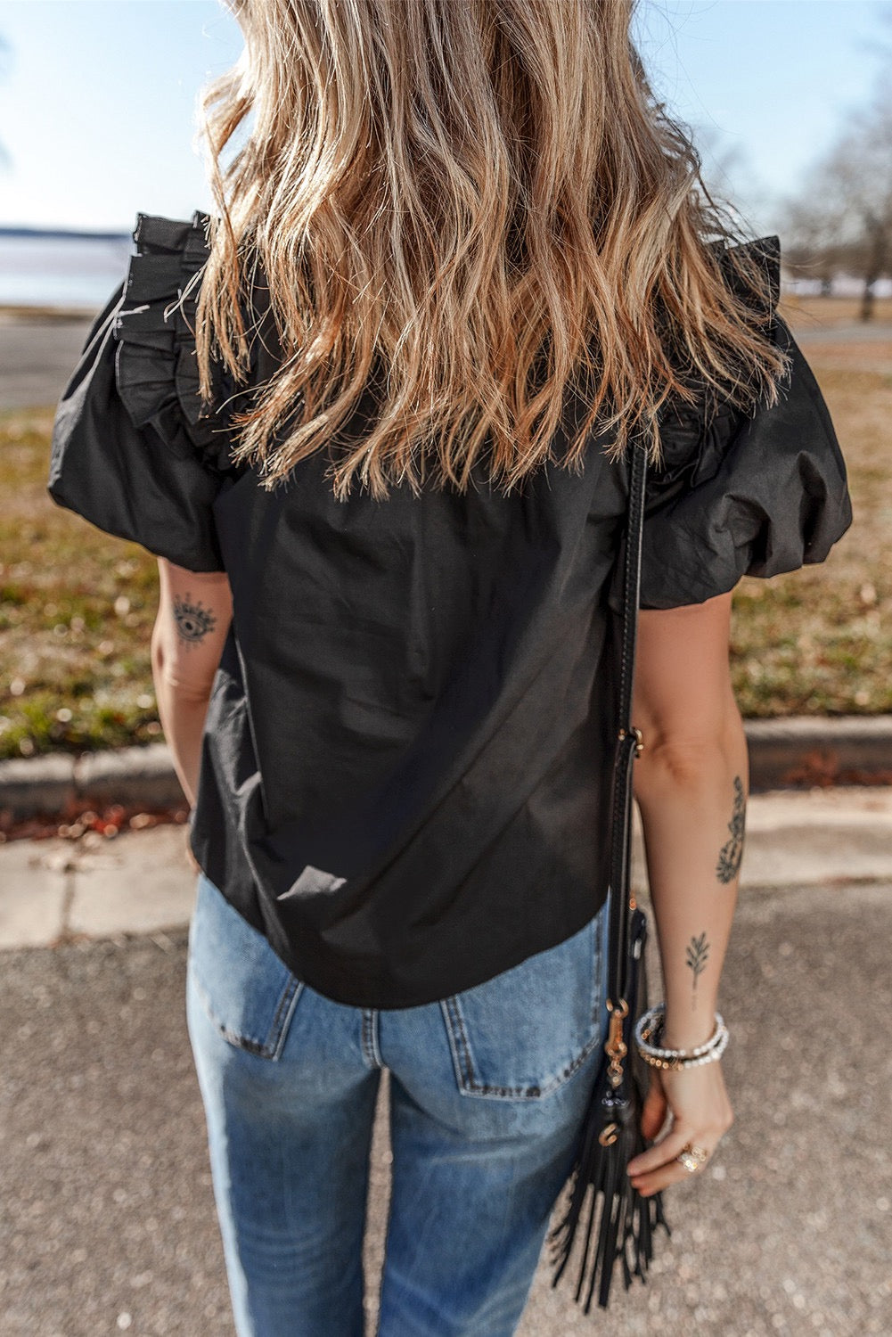 Black Ruffled Puff Short Sleeve Blouse