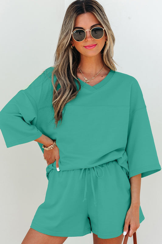 Sea Green Solid Loose V-Neck Short Set