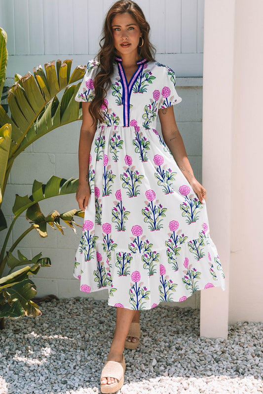 White Floral Puff Short Sleeve V Neck Maxi Dress