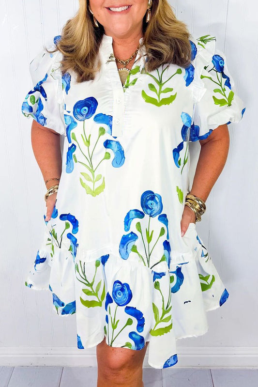 Sky Blue Floral Bubble Sleeve Plus Size Ruffled Mini Dress with pockets