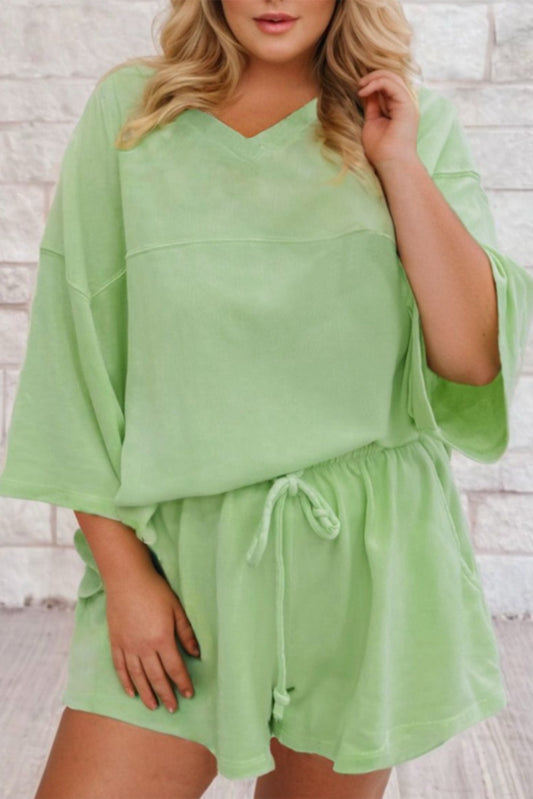 Meadow Mist Green Plus Size V Neck Drop Shoulder Tee Loose 2pcs Outfit