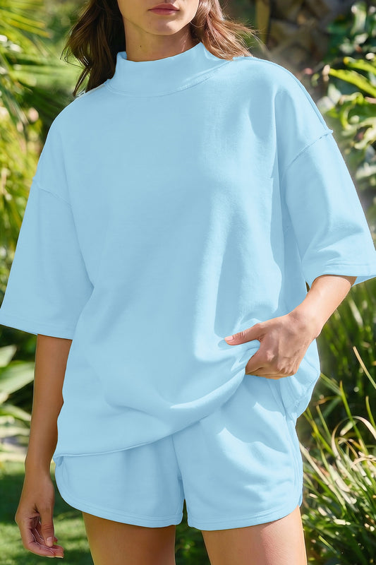 Blue Mockneck Oversized Tee Set