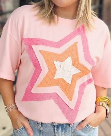 Light Pink Eyelet Lace Star Appliqué Plus Size T Shirt
