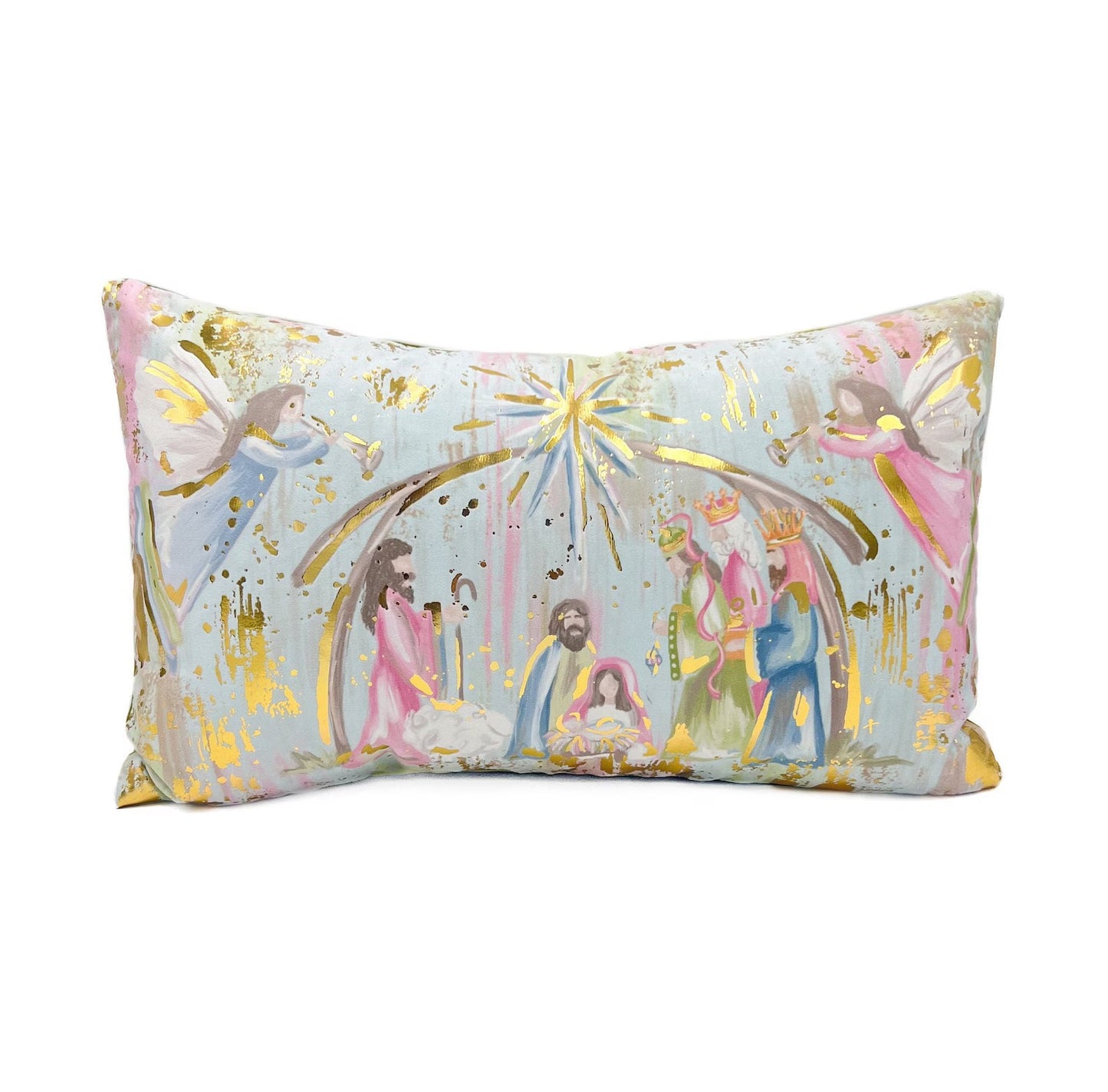 Pastel Nativity Pillow With Gold Accents 15x24