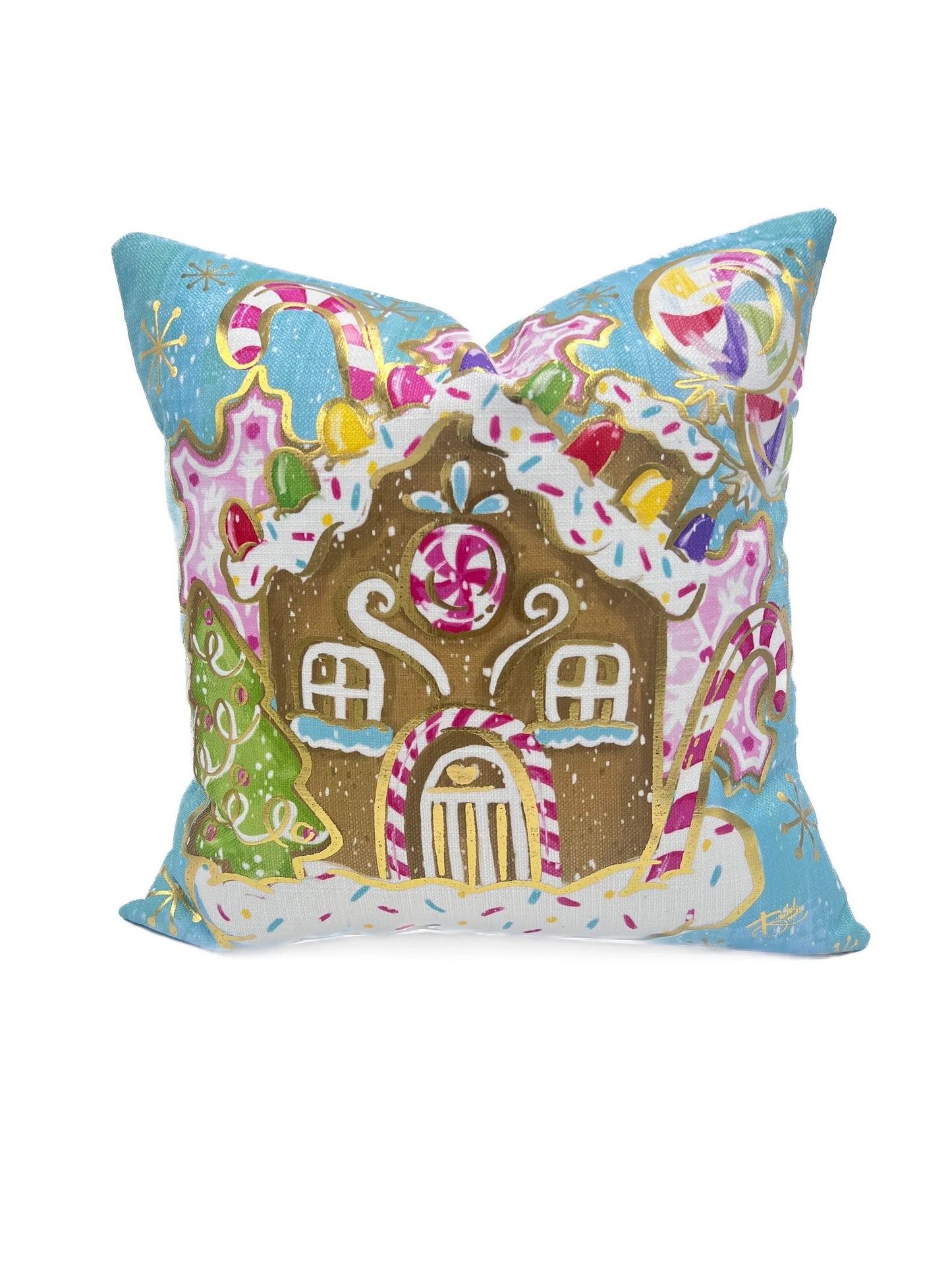 Golden Gingerbread House Pillow With Golden Accents