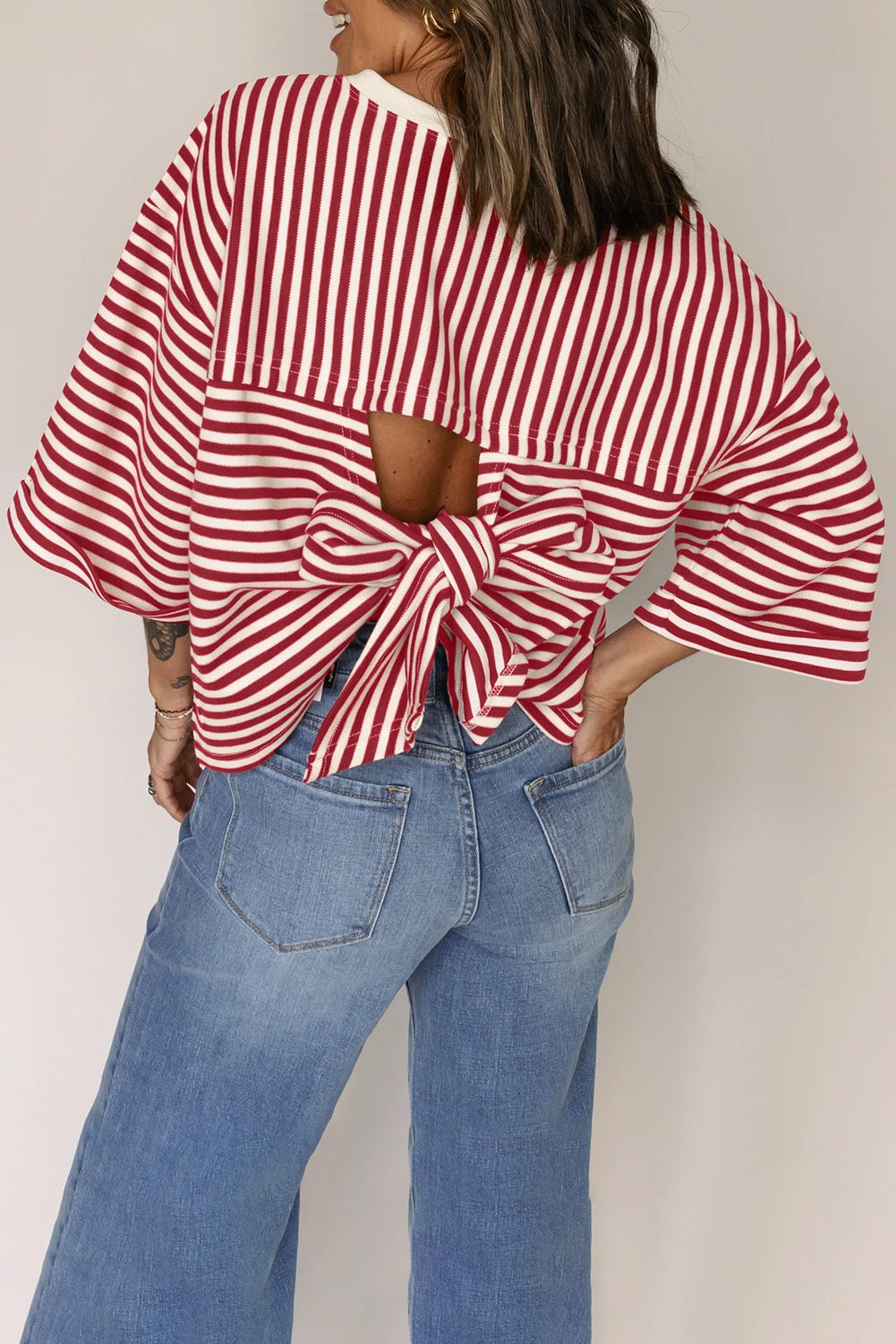 Red Stripe Bowknot Drop Shoulder Tee