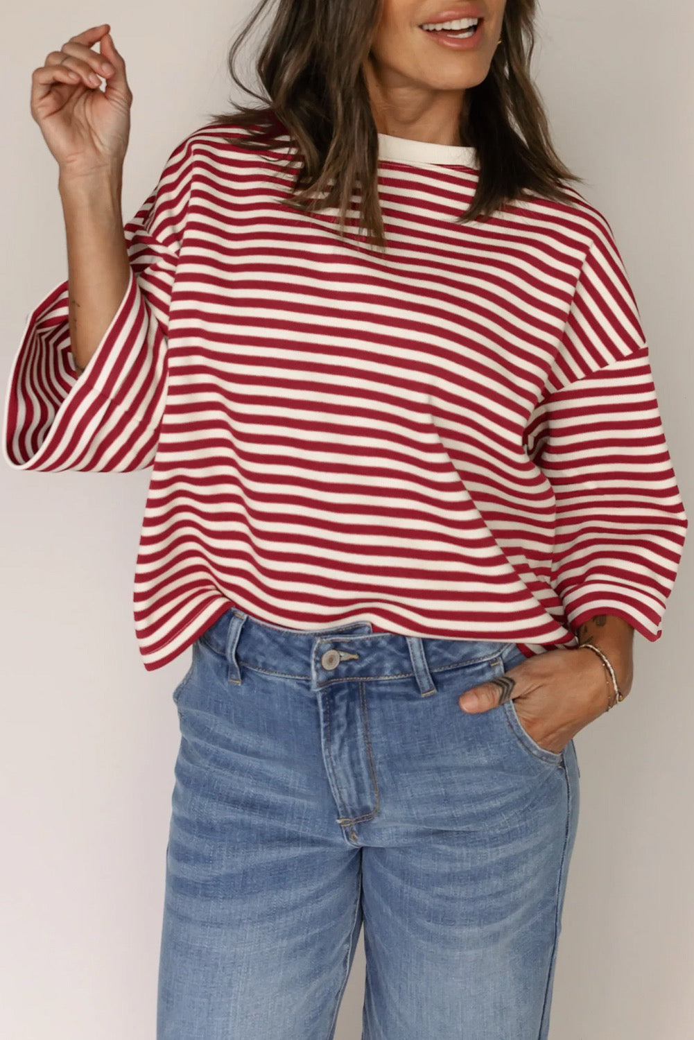 Red Stripe Bowknot Drop Shoulder Tee