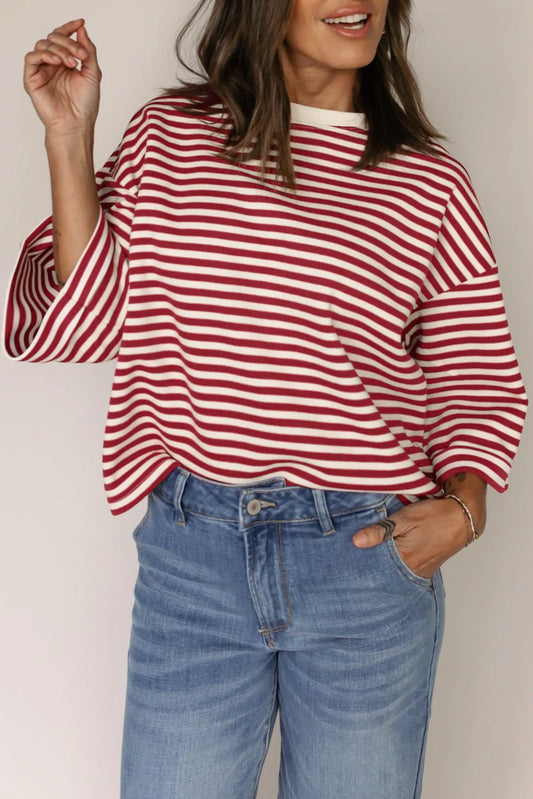 Red Stripe Bowknot Drop Shoulder Tee
