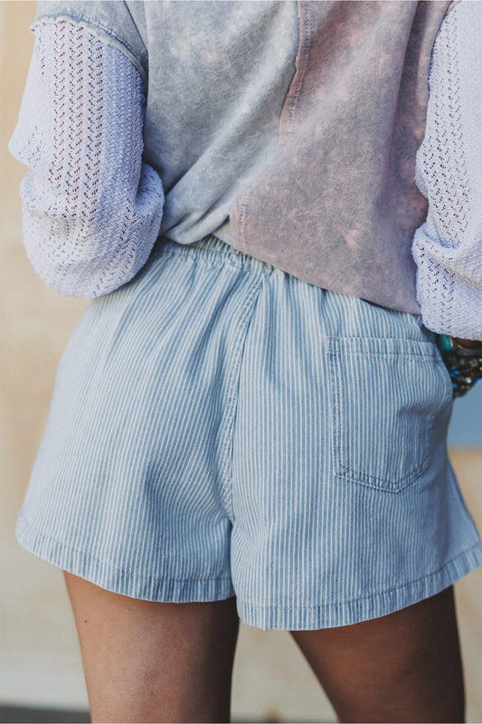 Sky Blue Stripe Drawstring Denim Shorts