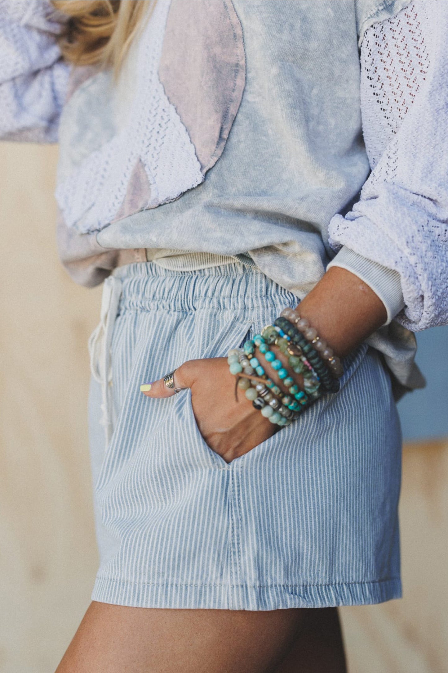 Sky Blue Stripe Drawstring Denim Shorts