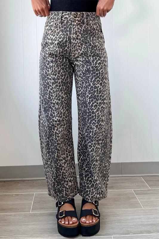 Black Leopard Print High Wasted Barrel Jeans