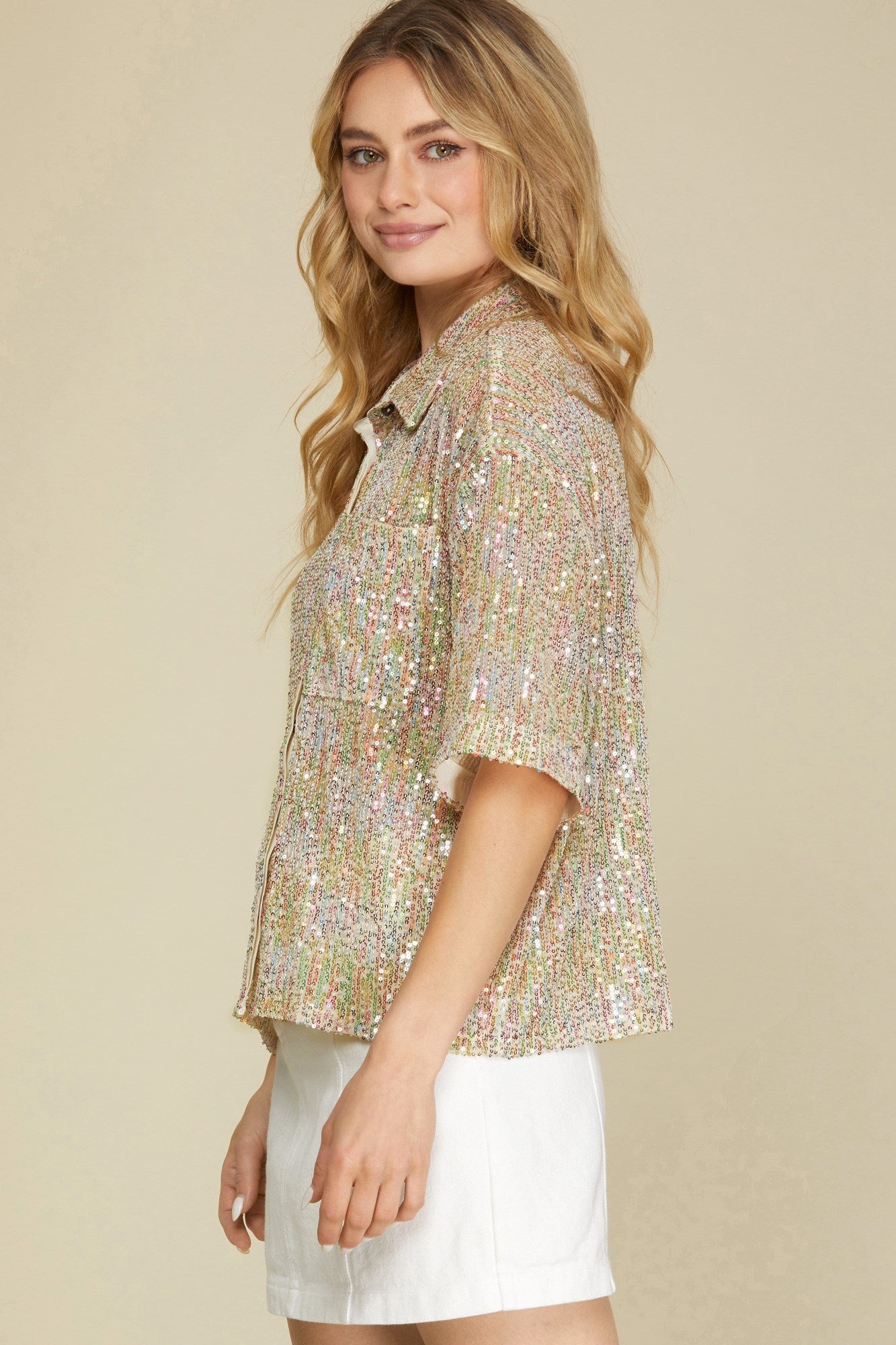 Half Sleeve Sequin Button Down Shirt