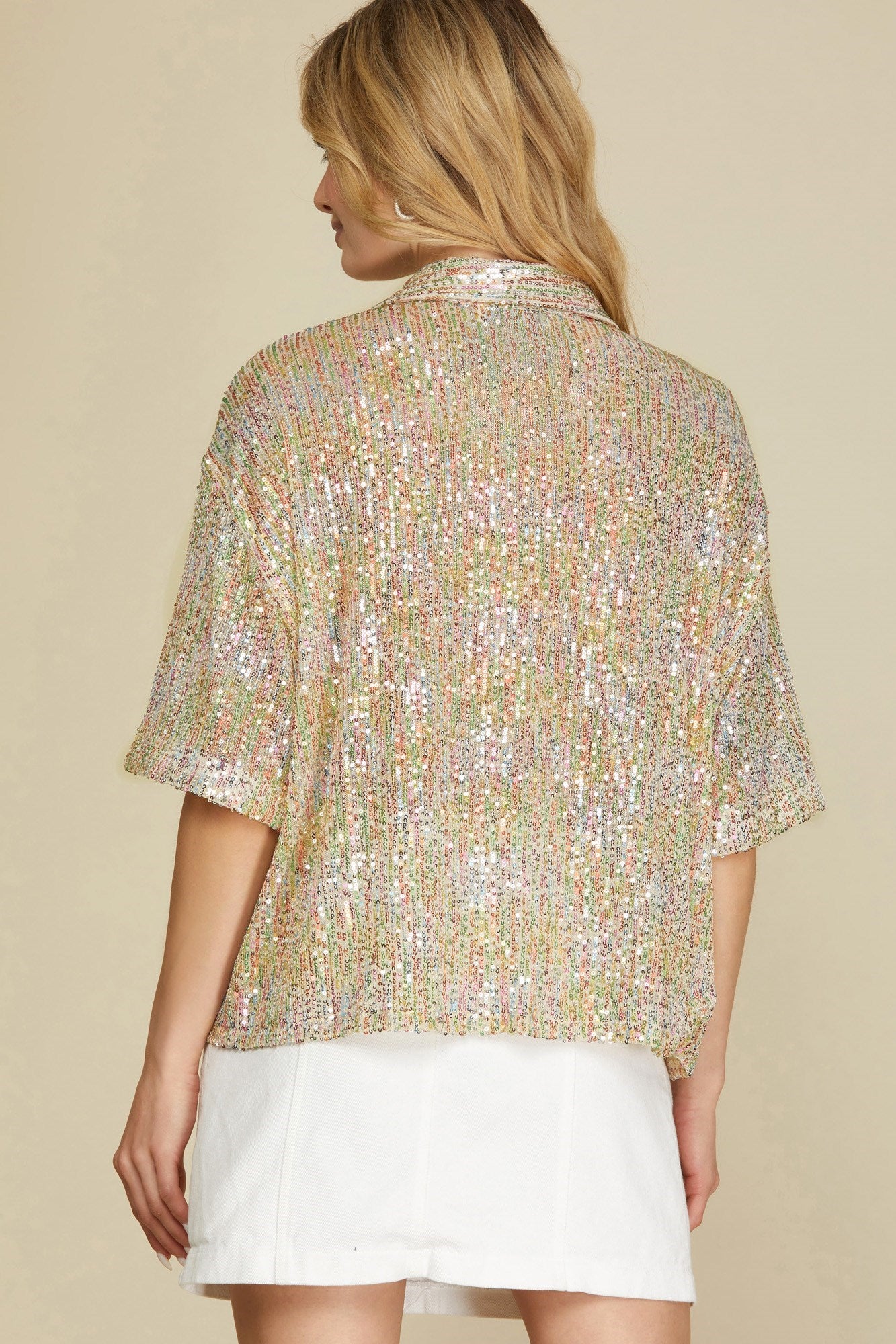 Half Sleeve Sequin Button Down Shirt