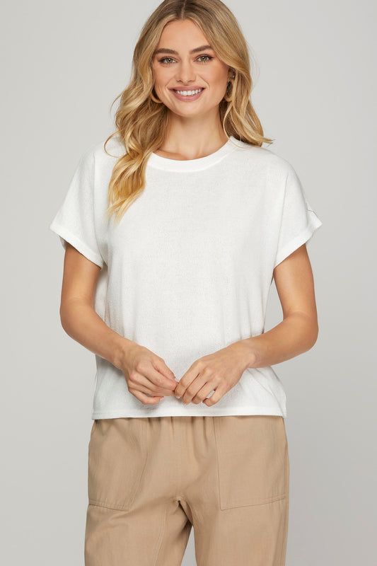Drop Sleeve Round Neck Knit Top Off White