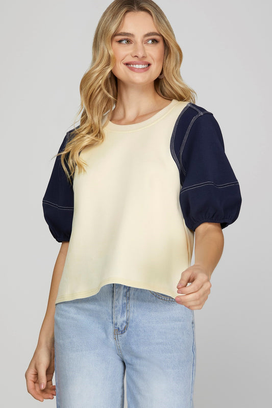 Short sleeve stitched heavy knit top Cream/Navy