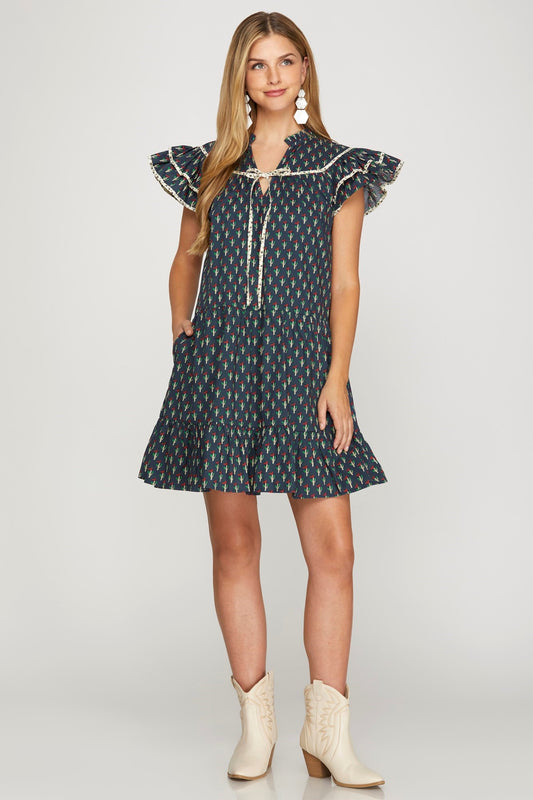 Ruffle Sleeve Contrast Piping Side Floral Print NavyDress
