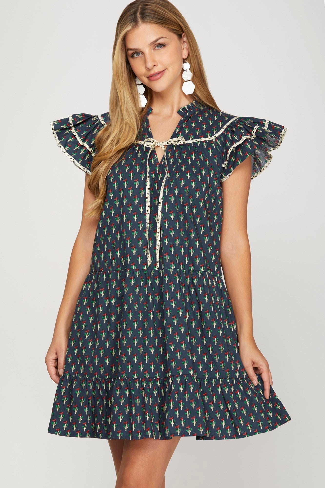 Ruffle Sleeve Contrast Piping Side Floral Print NavyDress