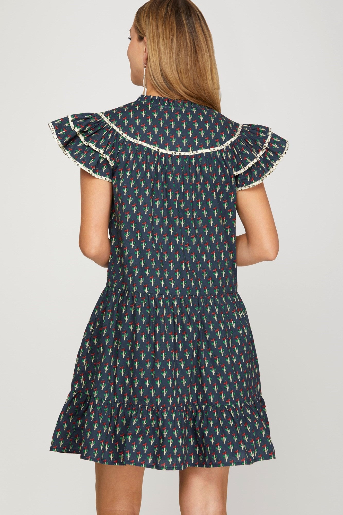 Ruffle Sleeve Contrast Piping Side Floral Print NavyDress