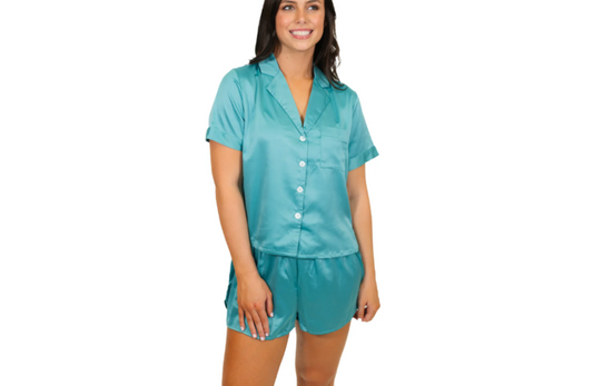 Here's the Deal, Teal Silky Satin Pajama Short Set